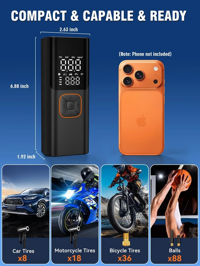 Alt view image 6 of 7 - Tools - Other HandTire Inflator Portable Air Compressor, 6000mAh Cordless & 12V DC | 150PSI Cordless Tire Pump, Emergency Roadside Kit for Flat Tires, Fast Inflation for Car, Bike, Motorcycle, Ball