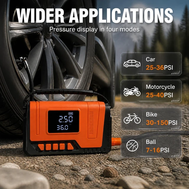Alt view image 3 of 7 - Tire Inflator Portable Air Compressor Pump 150PSI, Tire Pump for Car 12V DC Digital Air Pump with LED Super Bright Light for Bicycle, Motorcycle, Automotive Car Accessories