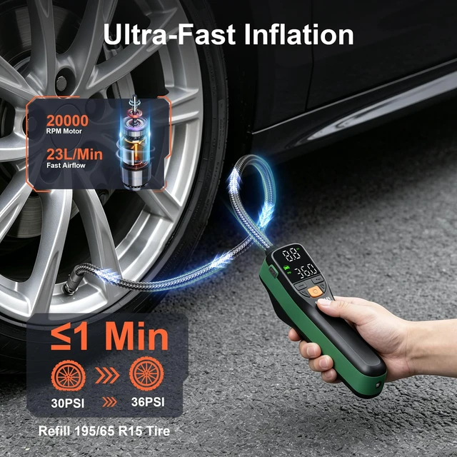 Alt view image 2 of 7 - CAP03 Tire Inflator Portable Air Compressor, 150 PSI Air Pump | with Storage Case and LED Dual Screen, Rechargeable, Portable Air Pump for Car Motorcycle Bike Ball