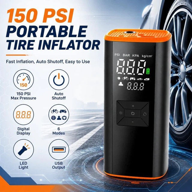 Alt view image 2 of 7 - Portable Air Compressor Tire Inflator 150 PSI 12000mAh | Portable,