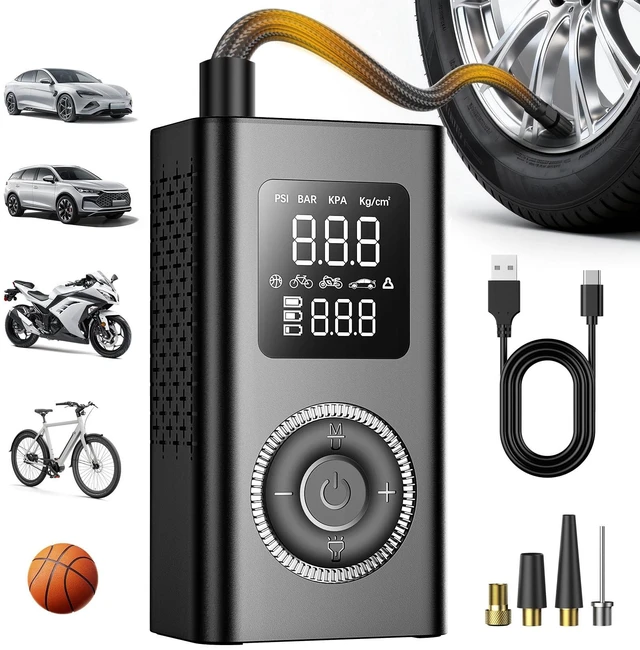 Main image of Tire Inflator Portable Air Compressor with Type-C Charging, Digital Pressure Gauge, LED Light, Smart Air Pump for Car, Motorcycle, Bike, Ball