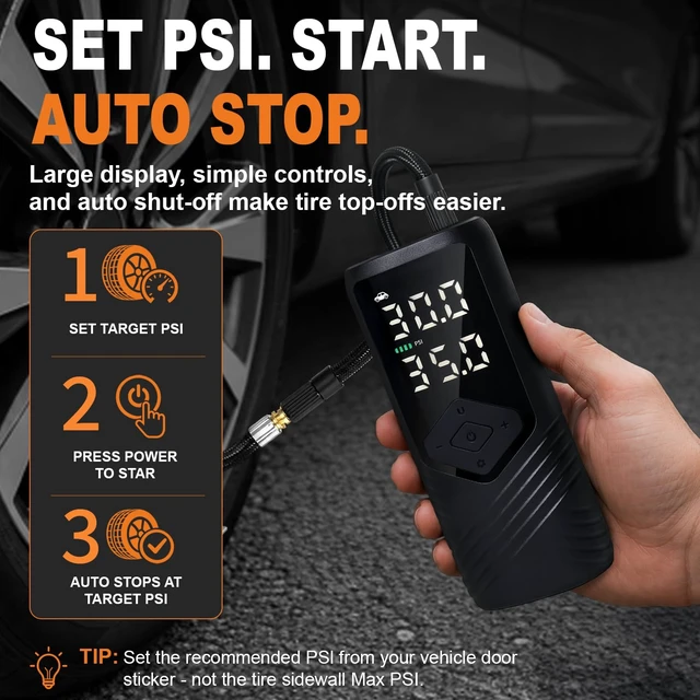 Alt view image 5 of 7 - Tire Inflator Portable Tire Pump for Car, 150 PSI Digital Air Pump | Fast +5 PSI Easy Top-Offs, 6000mAh Battery, Digital Gauge, Auto Shut-Off, USB-C Rechargeable for Cars Bikes Motorcycles Balls
