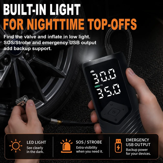 Alt view image 7 of 7 - Tire Inflator Portable Tire Pump for Car, 150 PSI Digital Air Pump | Fast +5 PSI Easy Top-Offs, 6000mAh Battery, Digital Gauge, Auto Shut-Off, USB-C Rechargeable for Cars Bikes Motorcycles Balls