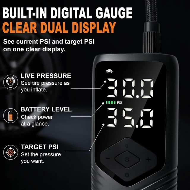 Alt view image 6 of 7 - Tire Inflator Portable Tire Pump for Car, 150 PSI Digital Air Pump | Fast +5 PSI Easy Top-Offs, 6000mAh Battery, Digital Gauge, Auto Shut-Off, USB-C Rechargeable for Cars Bikes Motorcycles Balls