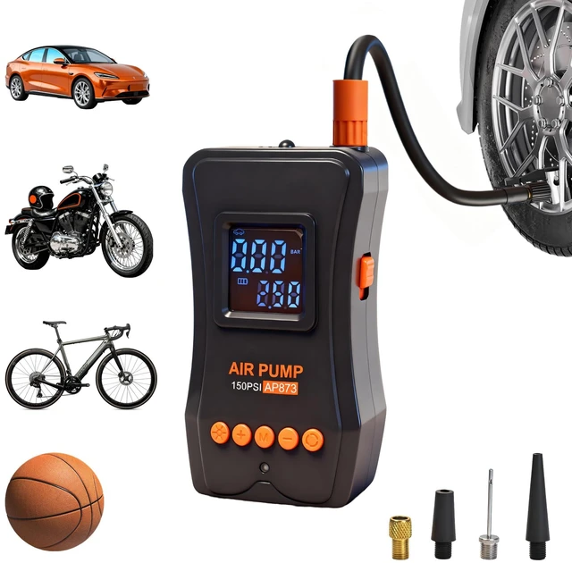 Main image of Tire Inflator Portable Air Compressor, 150PSI Dual Power - 4000mAh & 12V DC, Cordless Mini Bike Pump with Digital Dual Values Display/LED Light, tire Air Pump for Car Tires, Bike, Motorcycle, Bicycle