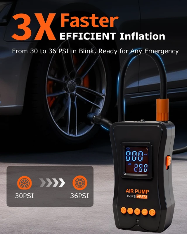 Alt view image 4 of 7 - Tire Inflator Portable Air Compressor, 150PSI Dual Power - 4000mAh & 12V DC, Cordless Mini Bike Pump with Digital Dual Values Display/LED Light, tire Air Pump for Car Tires, Bike, Motorcycle, Bicycle