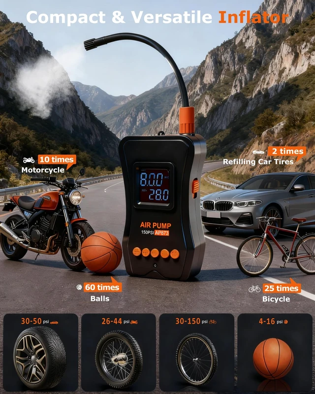 Alt view image 2 of 7 - Tire Inflator Portable Air Compressor, 150PSI Dual Power - 4000mAh & 12V DC, Cordless Mini Bike Pump with Digital Dual Values Display/LED Light, tire Air Pump for Car Tires, Bike, Motorcycle, Bicycle