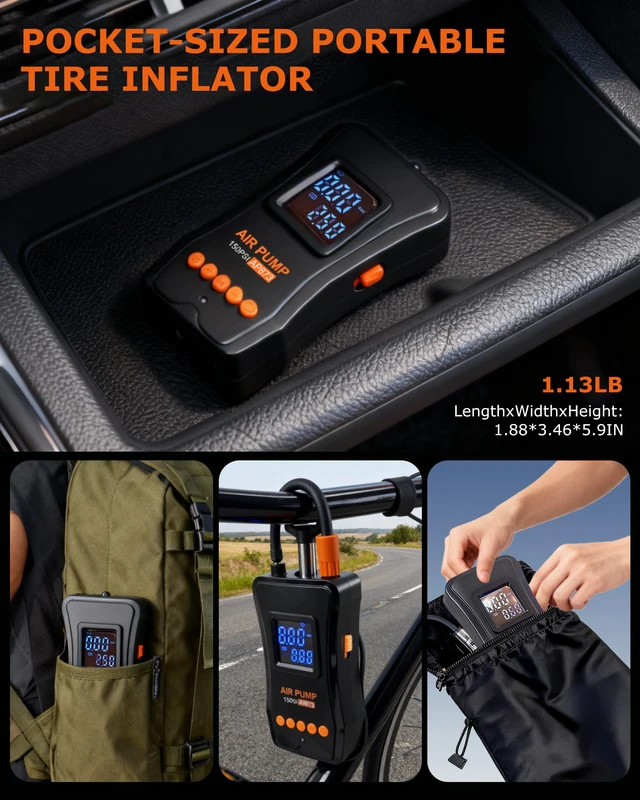 Alt view image 5 of 7 - Tire Inflator Portable Air Compressor, 150PSI Dual Power - 4000mAh & 12V DC, Cordless Mini Bike Pump with Digital Dual Values Display/LED Light, tire Air Pump for Car Tires, Bike, Motorcycle, Bicycle