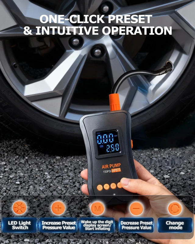 Alt view image 6 of 7 - Tire Inflator Portable Air Compressor, 150PSI Dual Power - 4000mAh & 12V DC, Cordless Mini Bike Pump with Digital Dual Values Display/LED Light, tire Air Pump for Car Tires, Bike, Motorcycle, Bicycle