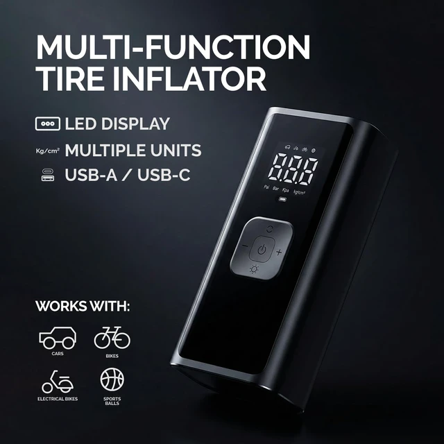 Alt view image 2 of 7 - Tire Inflator Portable Air Compressor | Cordless Air Pump for Car Tires, Bikes, Balls and More | Up to 150 PSI Tire Pump With LED DIsplay, Auto Shutoff, Emergency Flashlight and More