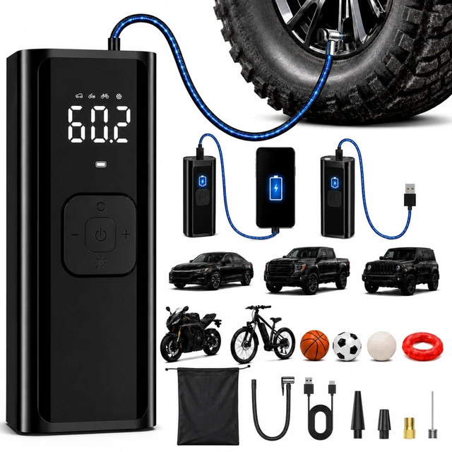 Main image of Tire Inflator Portable Air Compressor | Cordless Air Pump for Car Tires, Bikes, Balls and More | Up to 150 PSI Tire Pump With LED DIsplay, Auto Shutoff, Emergency Flashlight and More