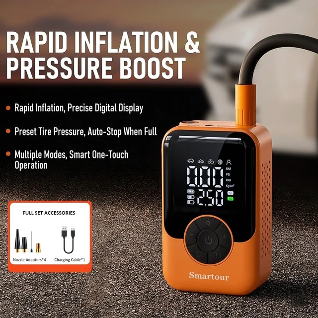 Alt view image 2 of 7 - Cordless Tire Inflator Portable Air Compressor Car/Bike Air Pump Smartour | Fast Inflation for Car/Motorcycle/Bike/Balls, Preset Pressure, Auto-Stop When Full, Rechargeable, LED Light, 4 Nozzles