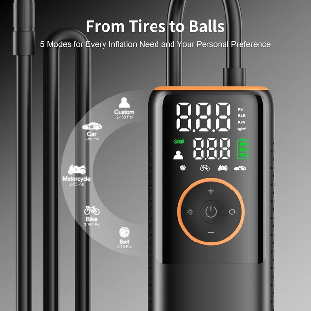 Alt view image 5 of 7 - Tire Inflator Portable Air Compressor-160 PSI Car Tire Air Pump, Bike Pump with Gauge, Portable Tire Pump for Car, Bike, Motorcycle Tires, Balls, and More