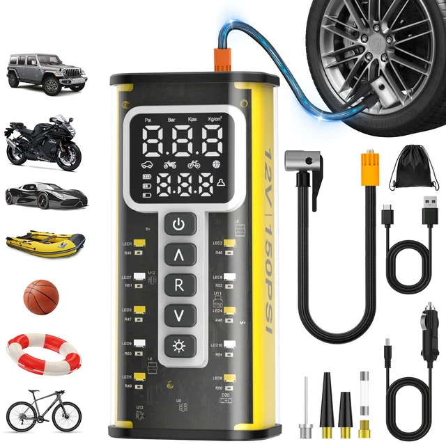 Main image of Tire Inflator Portable Air Compressor, 150 PSI, 9000mAh Cordless Tire Inflator, 3M Wired Car Tire Pump, Bike Inflator, Car Accessories for Cars, Motorcycles & Bicycles