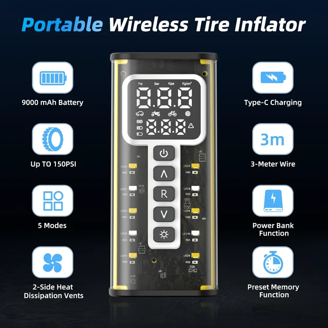 Alt view image 4 of 7 - Tire Inflator Portable Air Compressor, 150 PSI, 9000mAh Cordless Tire Inflator, 3M Wired Car Tire Pump, Bike Inflator, Car Accessories for Cars, Motorcycles & Bicycles