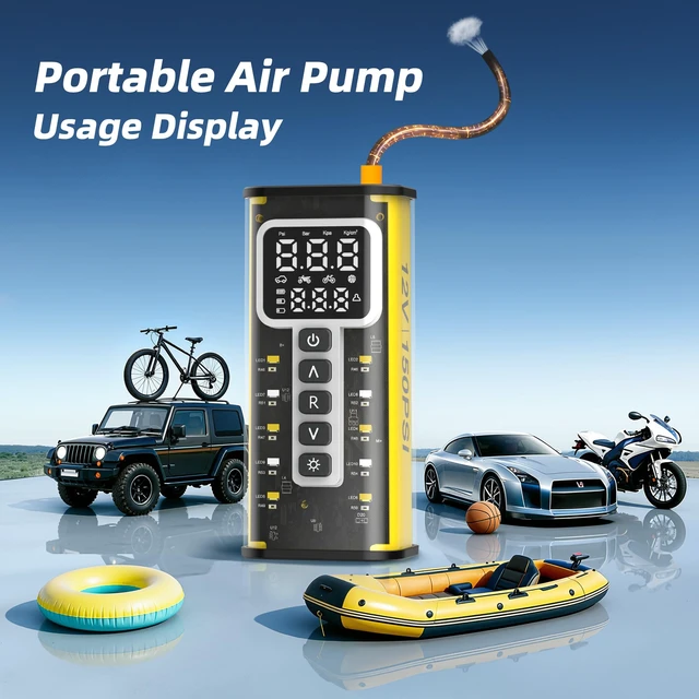 Alt view image 2 of 7 - Tire Inflator Portable Air Compressor, 150 PSI, 9000mAh Cordless Tire Inflator, 3M Wired Car Tire Pump, Bike Inflator, Car Accessories for Cars, Motorcycles & Bicycles