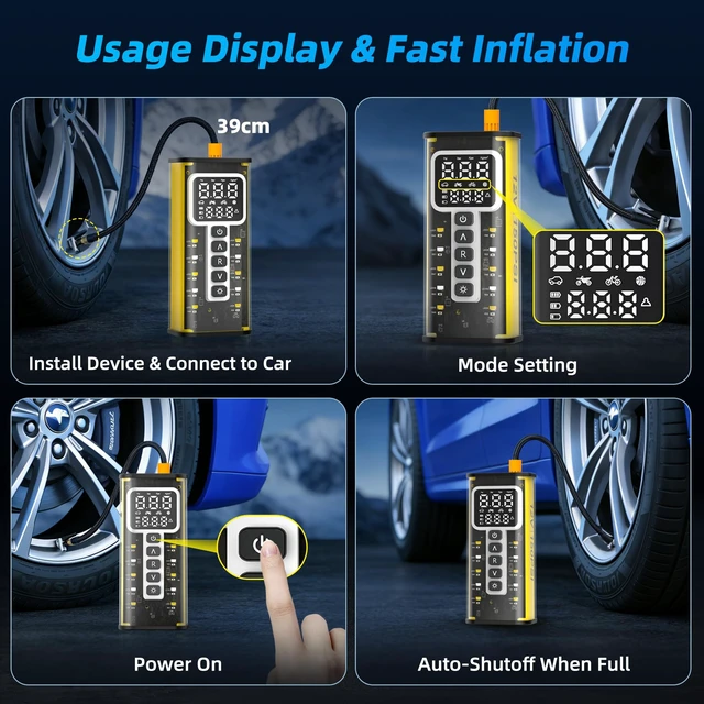 Alt view image 3 of 7 - Tire Inflator Portable Air Compressor, 150 PSI, 9000mAh Cordless Tire Inflator, 3M Wired Car Tire Pump, Bike Inflator, Car Accessories for Cars, Motorcycles & Bicycles