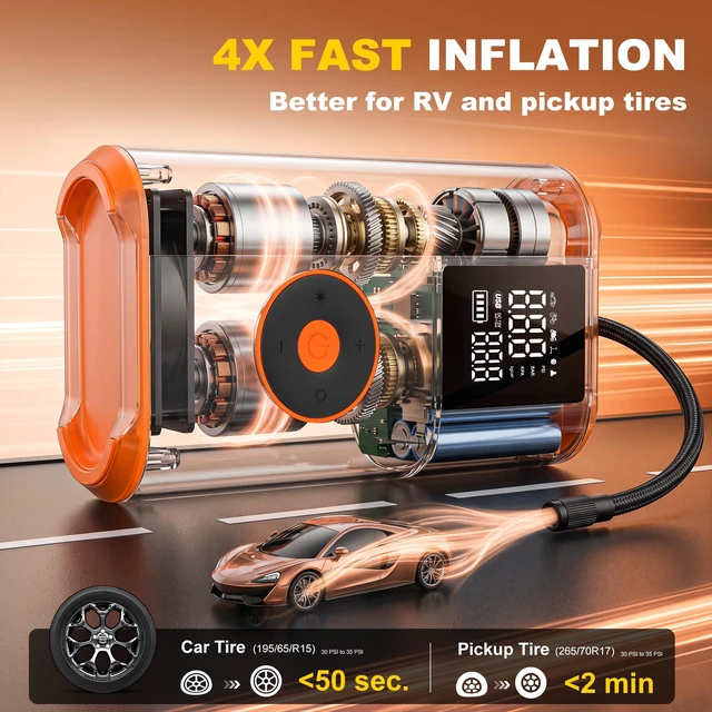 Alt view image 2 of 6 - Tire Inflator Portable Air Compressor, 25 Cylinder 100W Fast Inflation 7800mAh Battery & 12V DC Dual Power Cordless Air Pump with Dual Digital Gauge for Car Tires, Pickup Trucks, Jeeps, SUVs & RVs