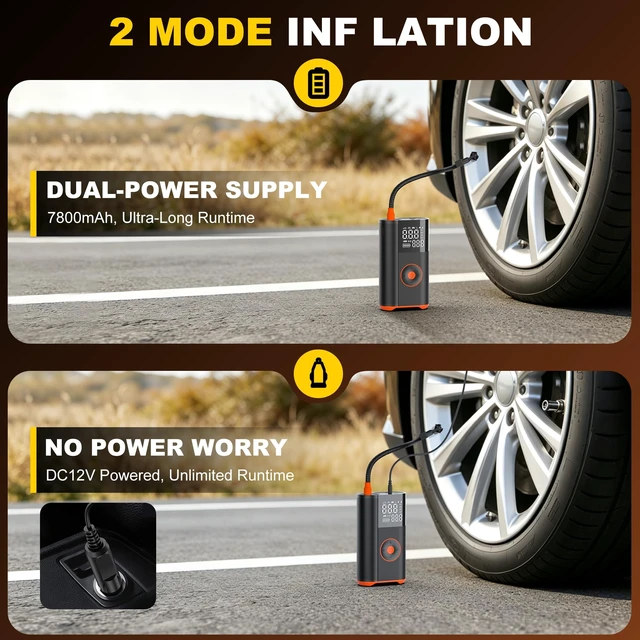 Alt view image 3 of 6 - Tire Inflator Portable Air Compressor, 25 Cylinder 100W Fast Inflation 7800mAh Battery & 12V DC Dual Power Cordless Air Pump with Dual Digital Gauge for Car Tires, Pickup Trucks, Jeeps, SUVs & RVs