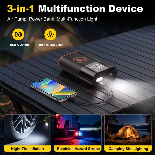 Alt view image 6 of 6 - Tire Inflator Portable Air Compressor, 25 Cylinder 100W Fast Inflation 7800mAh Battery & 12V DC Dual Power Cordless Air Pump with Dual Digital Gauge for Car Tires, Pickup Trucks, Jeeps, SUVs & RVs