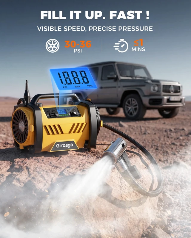 Alt view image 2 of 7 - Tire Inflator Portable Air Compressor - 12V DC/120V AC Dual Power | Air Pump with Dual Metal Motors, Fast Inflation, 150PSI Digital Gauge for Car, SUV, Bike Tires and Air Mattresses, Yellow