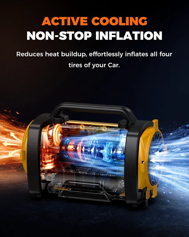Alt view image 3 of 7 - Tire Inflator Portable Air Compressor - 12V DC/120V AC Dual Power | Air Pump with Dual Metal Motors, Fast Inflation, 150PSI Digital Gauge for Car, SUV, Bike Tires and Air Mattresses, Yellow