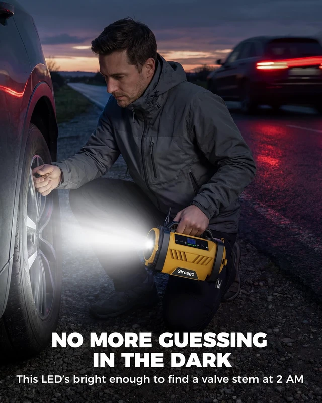 Alt view image 7 of 7 - Tire Inflator Portable Air Compressor - 12V DC/120V AC Dual Power | Air Pump with Dual Metal Motors, Fast Inflation, 150PSI Digital Gauge for Car, SUV, Bike Tires and Air Mattresses, Yellow