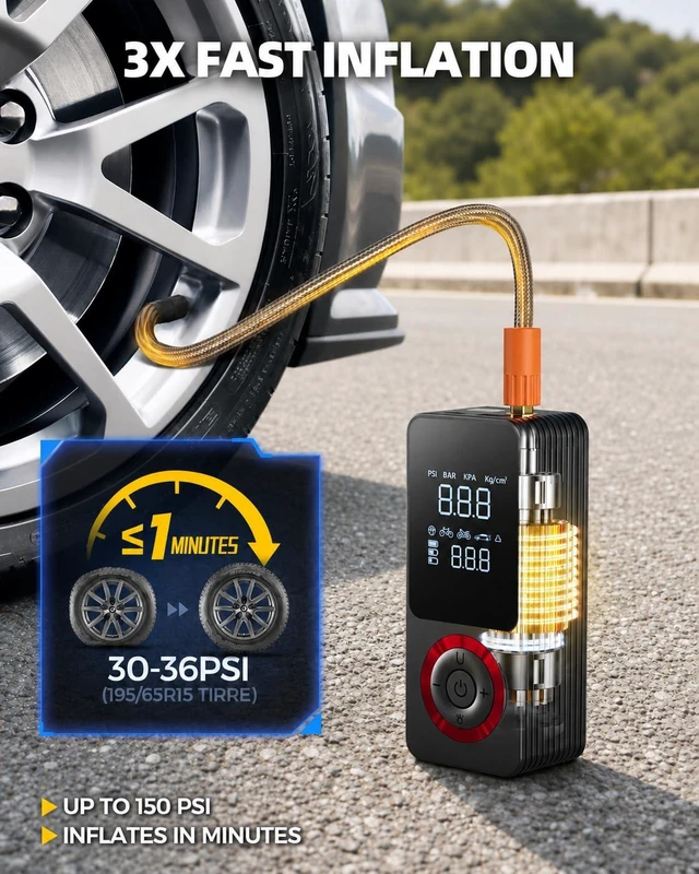 Alt view image 2 of 7 - Tire Inflator Portable Air Compressor with Long Runtime, Type-C Charge, 12V Car Power Adapter for Car, Motorcycle, Bike, Ball