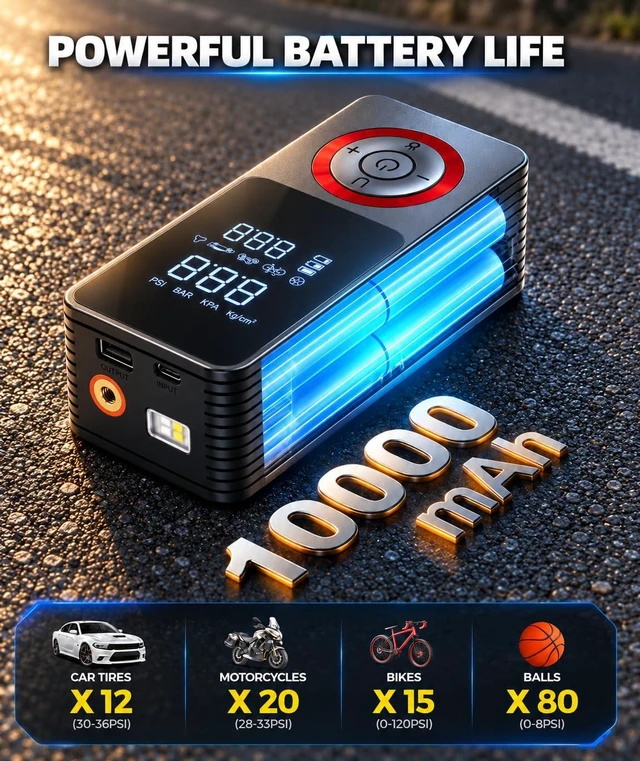 Alt view image 4 of 7 - Tire Inflator Portable Air Compressor with Long Runtime, Type-C Charge, 12V Car Power Adapter for Car, Motorcycle, Bike, Ball