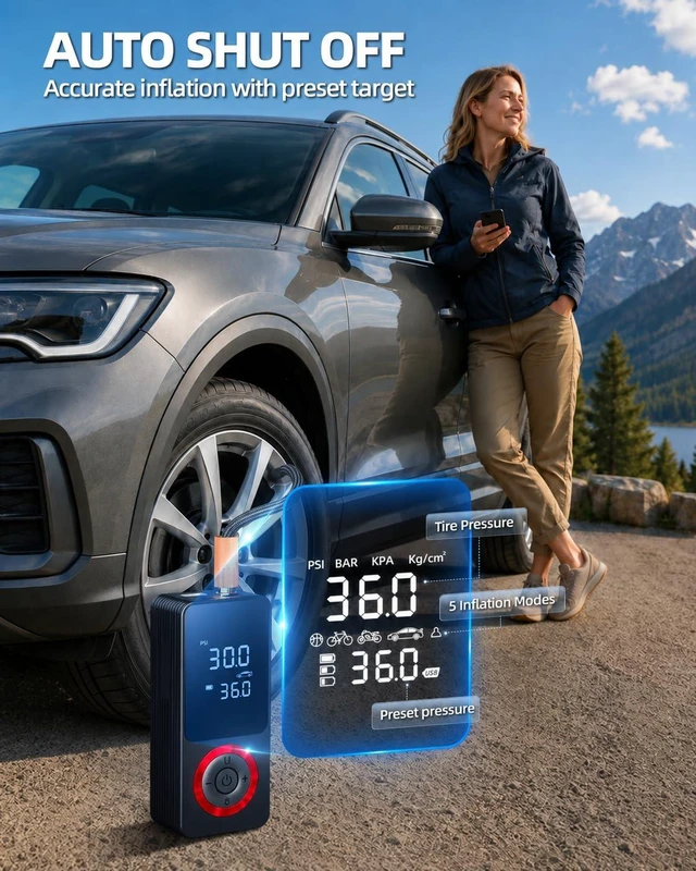 Alt view image 3 of 7 - Tire Inflator Portable Air Compressor with Long Runtime, Type-C Charge, 12V Car Power Adapter for Car, Motorcycle, Bike, Ball