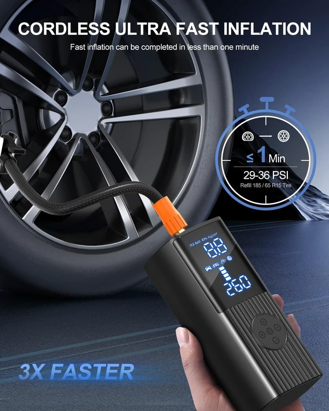Alt view image 3 of 7 - Tire Inflator Portable Air Compressor, 180PSI Cordless Air Pump with LCD Digital Display, 3X Faster Tire Inflator for Car, Motorcycle, Bicycle and Balls