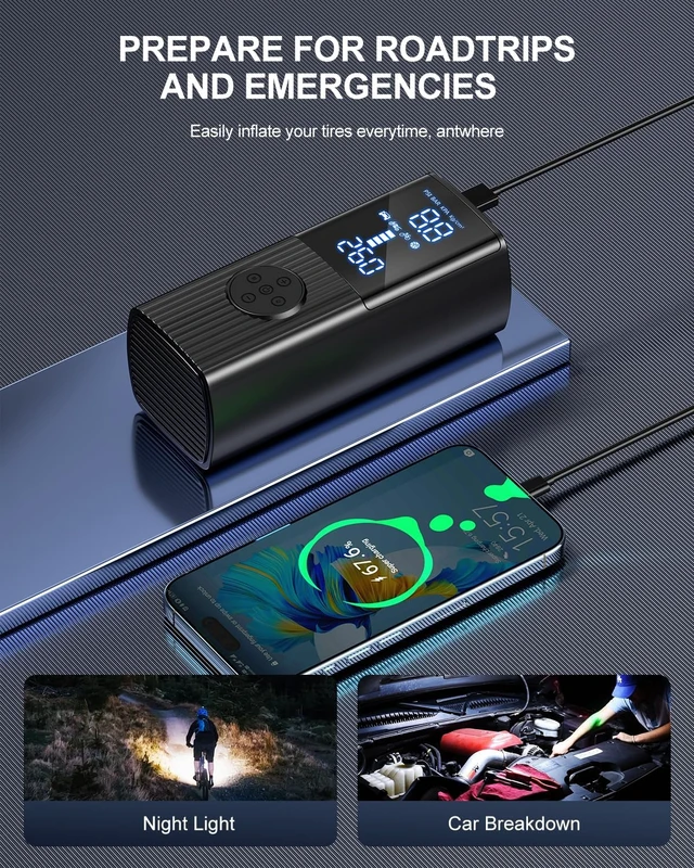 Alt view image 6 of 7 - Tire Inflator Portable Air Compressor, 180PSI Cordless Air Pump with LCD Digital Display, 3X Faster Tire Inflator for Car, Motorcycle, Bicycle and Balls