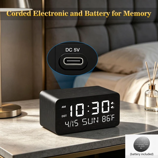 Alt view image 2 of 7 - Premium Black Wooden Digital Alarm Clock with Wireless Phone Charger, Dual USB Charging Ports, Dimmable LED Display, Date and Day of Week, Small Digital Desk Clock for Bedroom Nightstand Bedside Table
