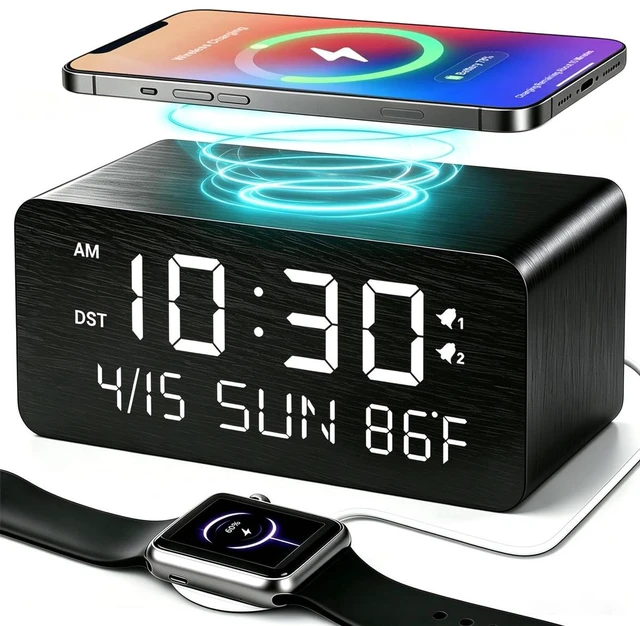 Main image of Premium Black Wooden Digital Alarm Clock with Wireless Phone Charger, Dual USB Charging Ports, Dimmable LED Display, Date and Day of Week, Small Digital Desk Clock for Bedroom Nightstand Bedside Table