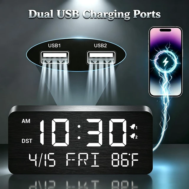 Alt view image 3 of 7 - Premium Black Wooden Digital Alarm Clock with Wireless Phone Charger, Dual USB Charging Ports, Dimmable LED Display, Date and Day of Week, Small Digital Desk Clock for Bedroom Nightstand Bedside Table
