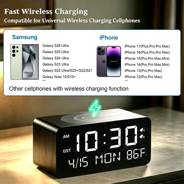 Alt view image 4 of 7 - Premium Black Wooden Digital Alarm Clock with Wireless Phone Charger, Dual USB Charging Ports, Dimmable LED Display, Date and Day of Week, Small Digital Desk Clock for Bedroom Nightstand Bedside Table
