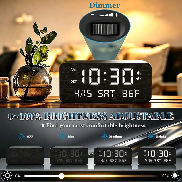 Alt view image 5 of 7 - Premium Black Wooden Digital Alarm Clock with Wireless Phone Charger, Dual USB Charging Ports, Dimmable LED Display, Date and Day of Week, Small Digital Desk Clock for Bedroom Nightstand Bedside Table