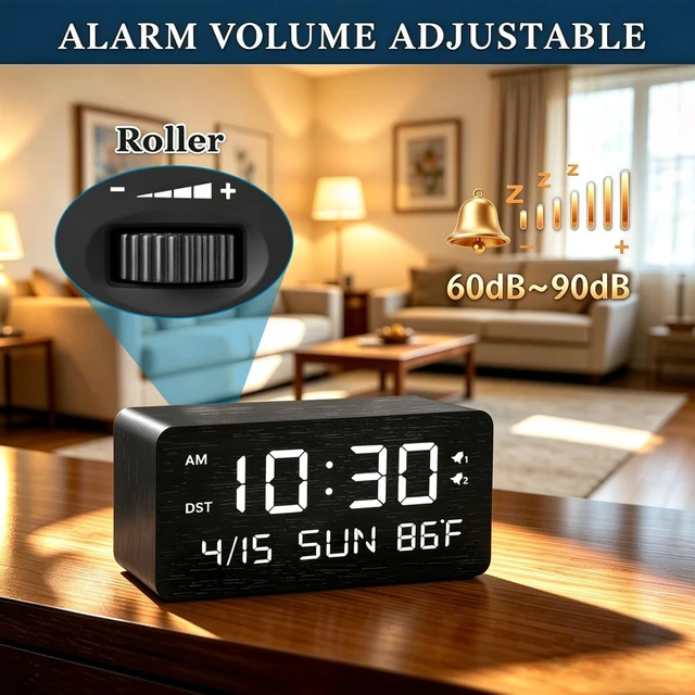 Alt view image 6 of 7 - Premium Black Wooden Digital Alarm Clock with Wireless Phone Charger, Dual USB Charging Ports, Dimmable LED Display, Date and Day of Week, Small Digital Desk Clock for Bedroom Nightstand Bedside Table