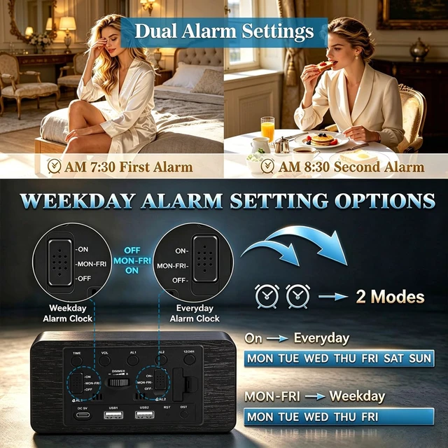 Alt view image 7 of 7 - Premium Black Wooden Digital Alarm Clock with Wireless Phone Charger, Dual USB Charging Ports, Dimmable LED Display, Date and Day of Week, Small Digital Desk Clock for Bedroom Nightstand Bedside Table