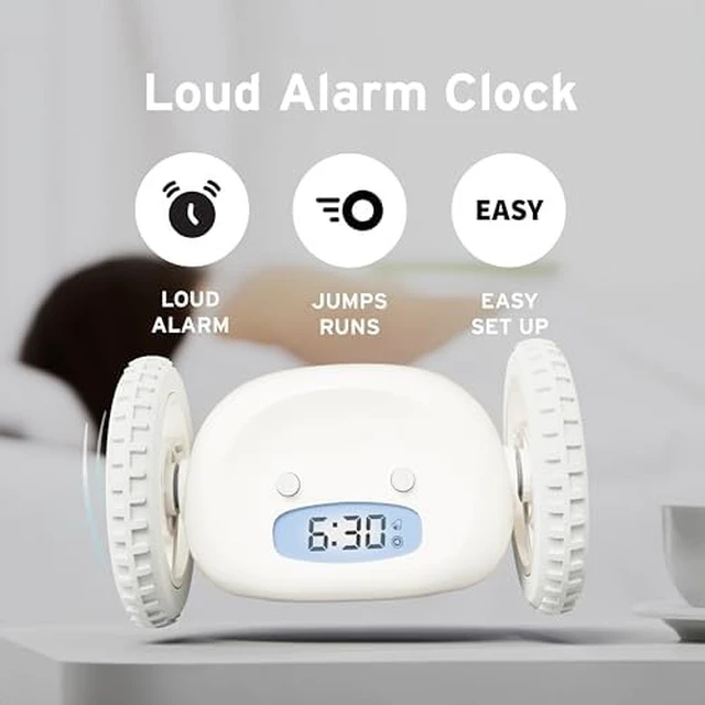 Alt view image 2 of 7 - Alarm Clock on Wheels Loud Rolling Alarm Clock for Heavy Sleepers | Runaway Clock That Jumps & Runs to Wake You Up | Funny Unique Gift for Adults, Teens & Kids Bedrooms, White