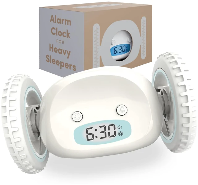Main image of Alarm Clock on Wheels Loud Rolling Alarm Clock for Heavy Sleepers | Runaway Clock That Jumps & Runs to Wake You Up | Funny Unique Gift for Adults, Teens & Kids Bedrooms, White