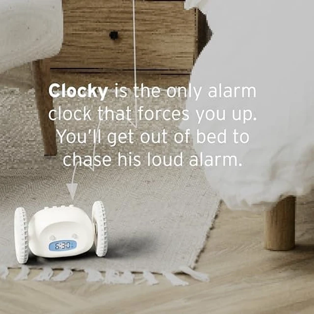 Alt view image 4 of 7 - Alarm Clock on Wheels Loud Rolling Alarm Clock for Heavy Sleepers | Runaway Clock That Jumps & Runs to Wake You Up | Funny Unique Gift for Adults, Teens & Kids Bedrooms, White