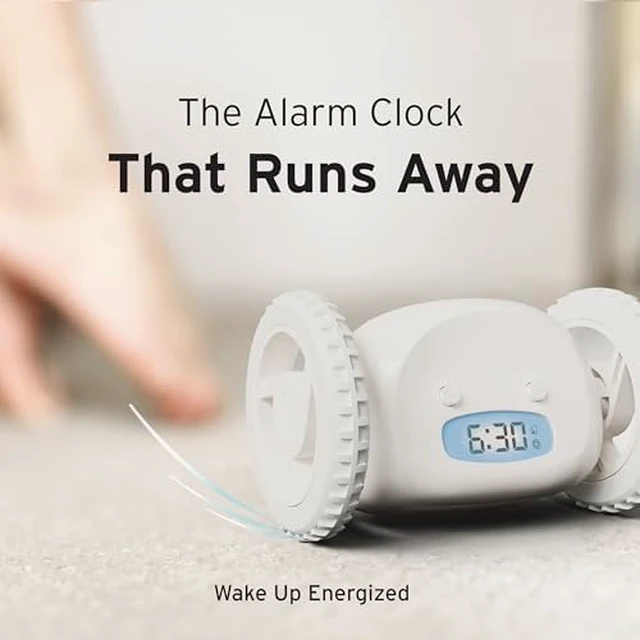 Alt view image 3 of 7 - Alarm Clock on Wheels Loud Rolling Alarm Clock for Heavy Sleepers | Runaway Clock That Jumps & Runs to Wake You Up | Funny Unique Gift for Adults, Teens & Kids Bedrooms, White
