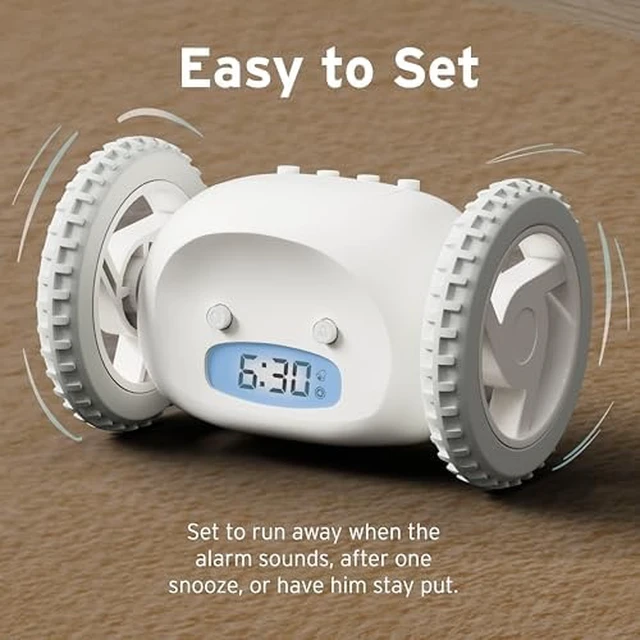 Alt view image 5 of 7 - Alarm Clock on Wheels Loud Rolling Alarm Clock for Heavy Sleepers | Runaway Clock That Jumps & Runs to Wake You Up | Funny Unique Gift for Adults, Teens & Kids Bedrooms, White