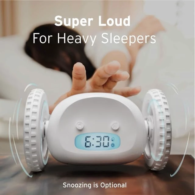 Alt view image 6 of 7 - Alarm Clock on Wheels Loud Rolling Alarm Clock for Heavy Sleepers | Runaway Clock That Jumps & Runs to Wake You Up | Funny Unique Gift for Adults, Teens & Kids Bedrooms, White