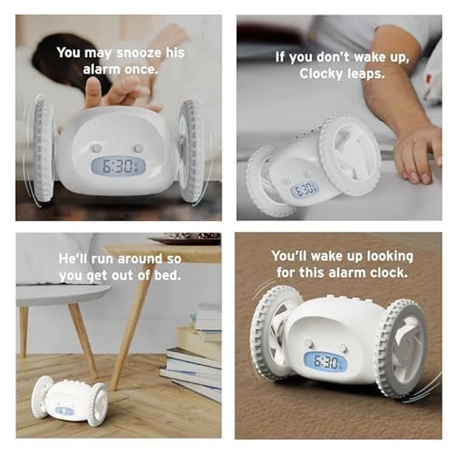 Alt view image 7 of 7 - Alarm Clock on Wheels Loud Rolling Alarm Clock for Heavy Sleepers | Runaway Clock That Jumps & Runs to Wake You Up | Funny Unique Gift for Adults, Teens & Kids Bedrooms, White