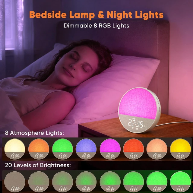 Alt view image 4 of 7 - Sunrise Alarm Clock Wake Up Light, Dual Alarms with White Noise | 30 Sleep Sounds, 8 Colors Dimmer Night Light, Digital Alarm Clock 12/24H Timer for Bedroom, Heavy Sleepers, Adults