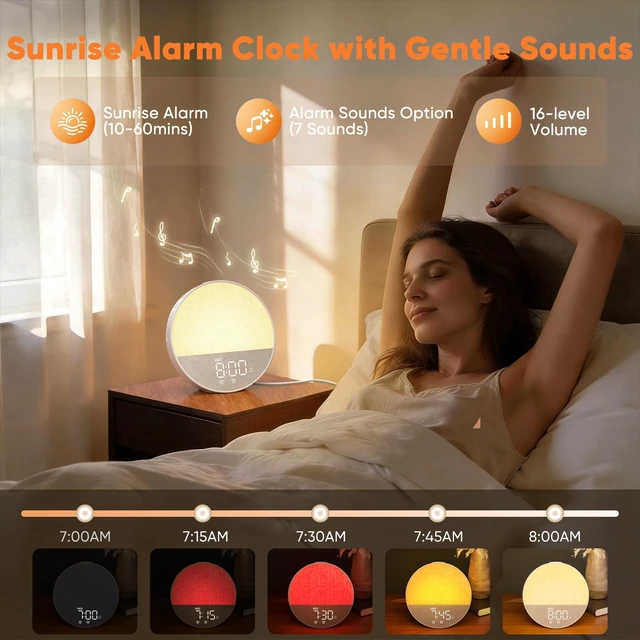 Alt view image 3 of 7 - Sunrise Alarm Clock Wake Up Light, Dual Alarms with White Noise | 30 Sleep Sounds, 8 Colors Dimmer Night Light, Digital Alarm Clock 12/24H Timer for Bedroom, Heavy Sleepers, Adults