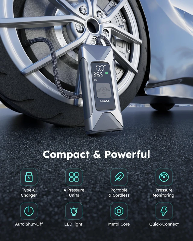 Alt view image 3 of 7 - T10 Tire Inflator Portable Air Compressor for Car Tires, Motorcycles | 160PSI Cordless Air Pump for Bikes, 7500mAh Rechargeable Battery, Auto Stop, Digital Pressure Gauge, LED, 26L/min Tire Pump