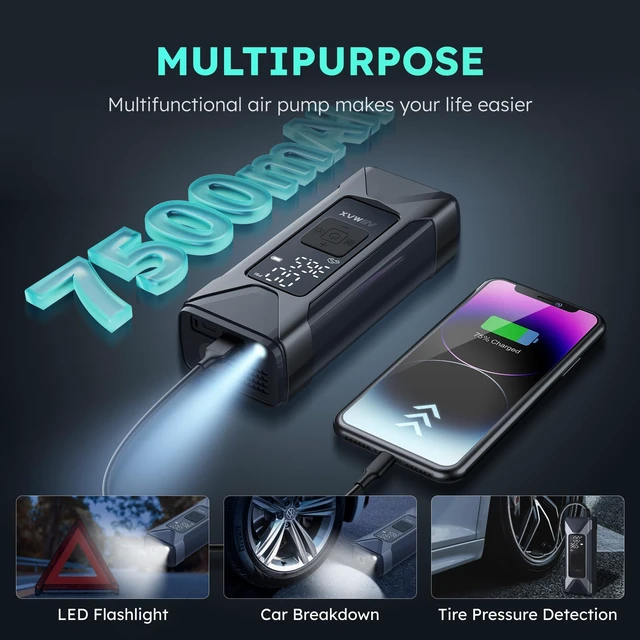 Alt view image 7 of 7 - T10 Tire Inflator Portable Air Compressor for Car Tires, Motorcycles | 160PSI Cordless Air Pump for Bikes, 7500mAh Rechargeable Battery, Auto Stop, Digital Pressure Gauge, LED, 26L/min Tire Pump